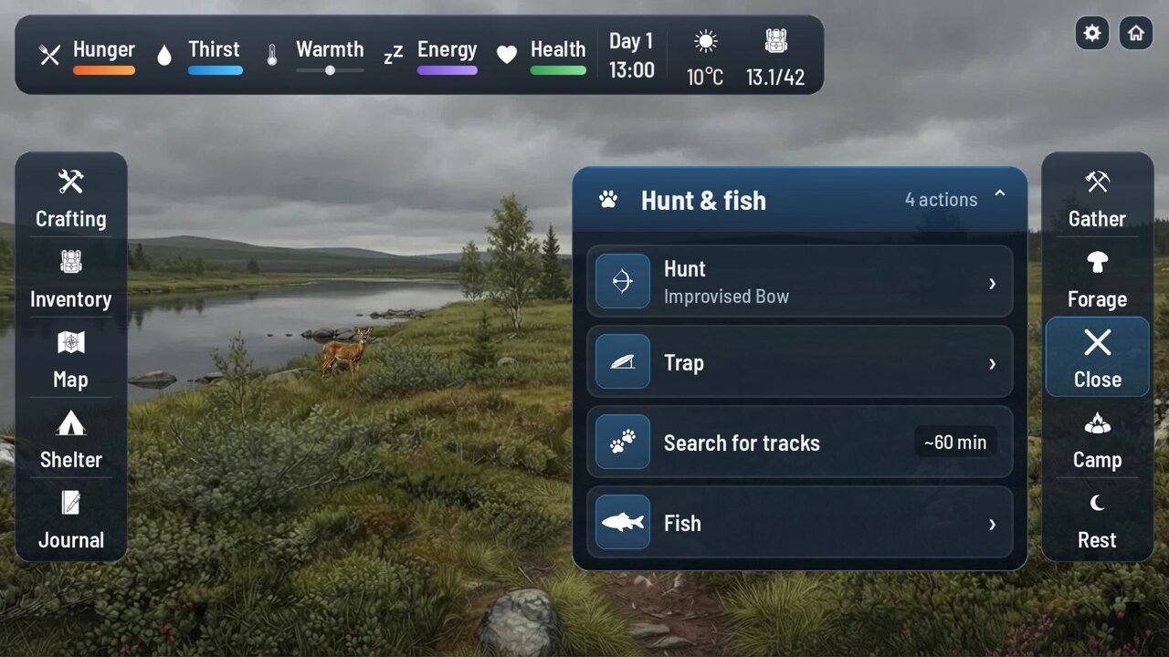 The hunt and fish menu open beside a lake, a deer at the water's edge