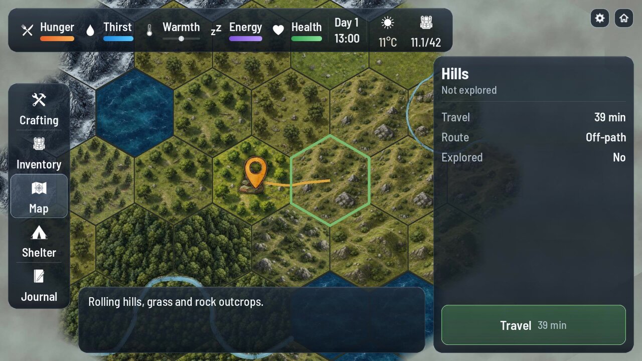 The hex map, with a route picked through hills and forest